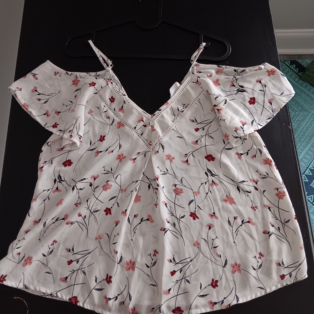 White and pink flower printed off shoulder shirt
